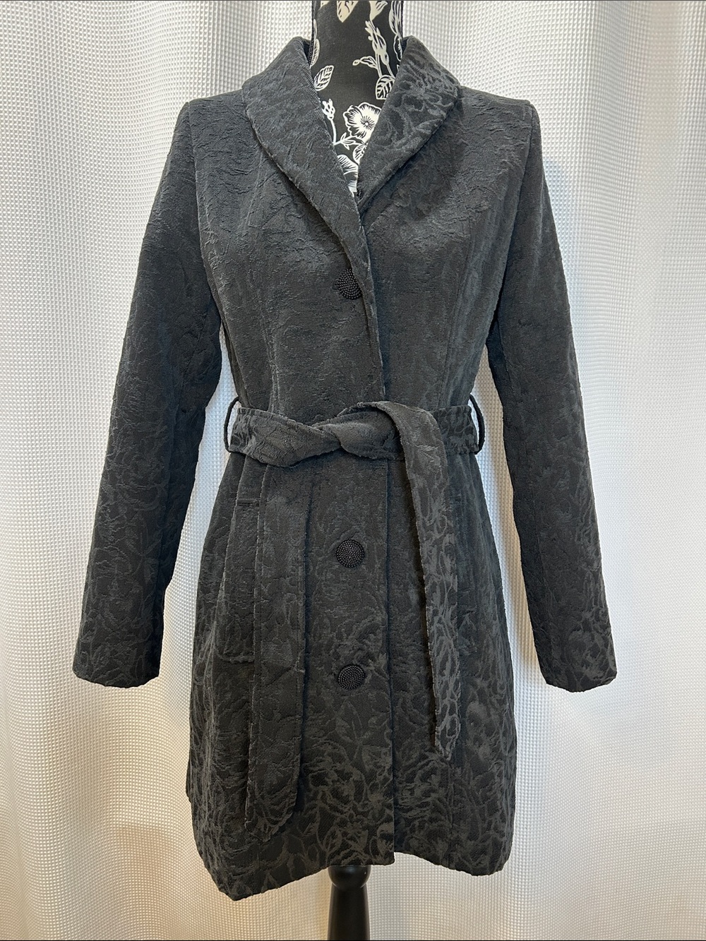 Vintage Y2K 2000s Black Jacquard Brocade Damask Textured Belted Coat Women S